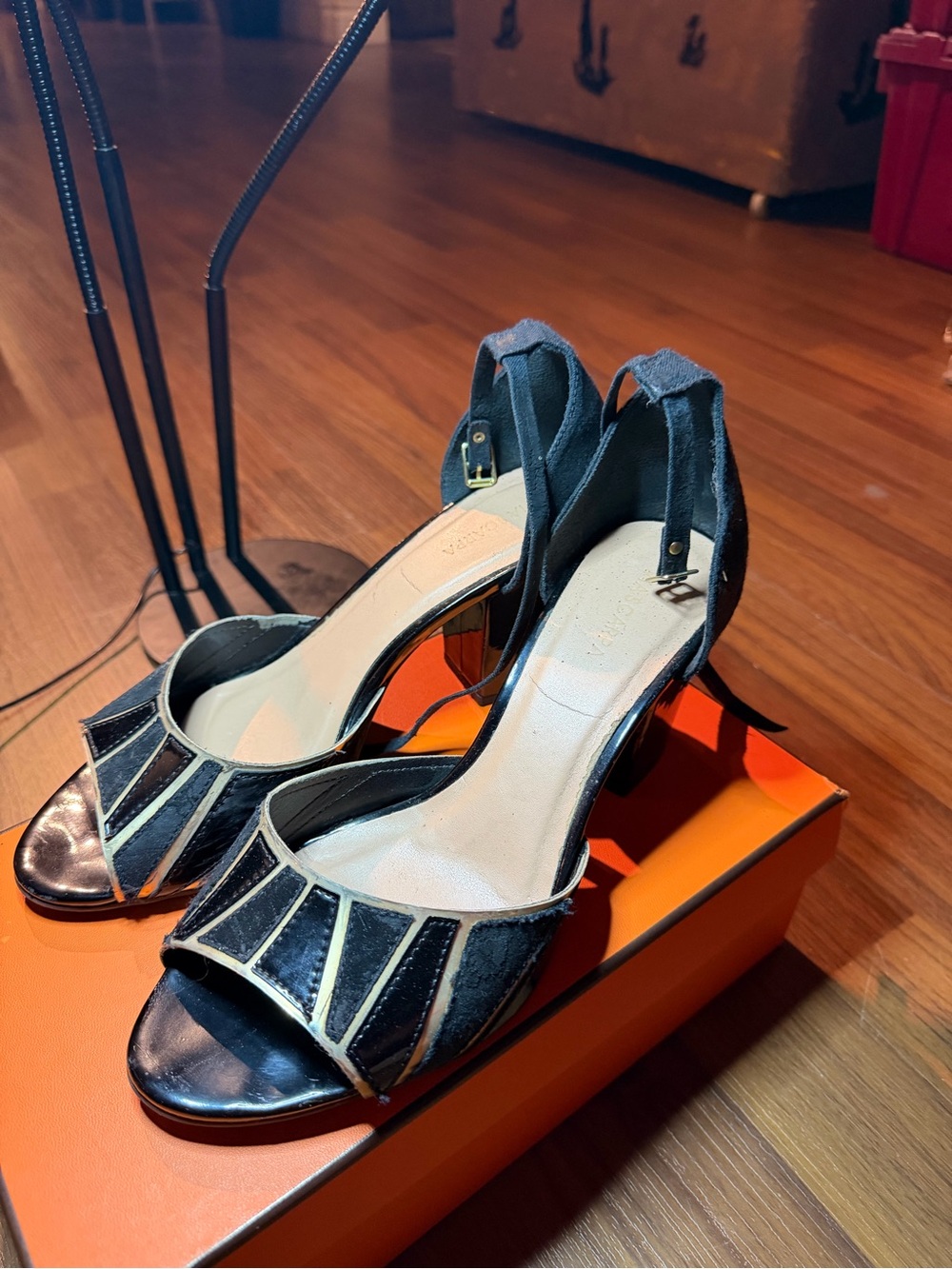 Women’s Black and Cream Open-Toe Dress Heels
